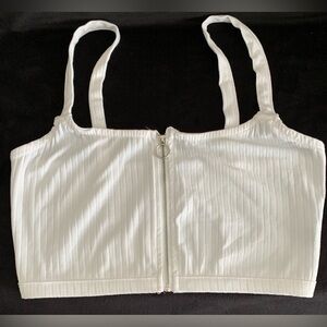 Kendall & Kylie White Ribbed Knit Zipper Front Crop Halter Top Large